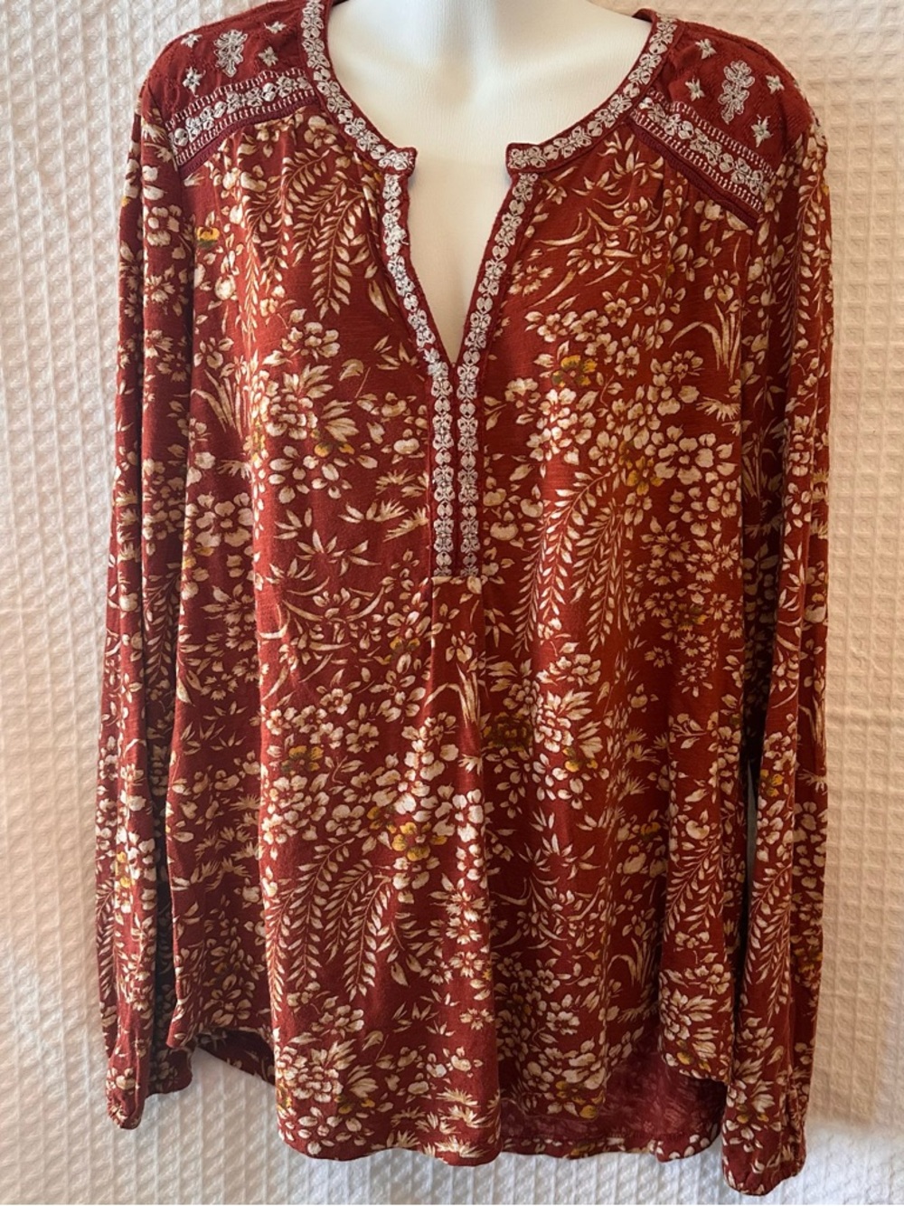 LUCKY Brand Rust Floral Peasant Blouse V neck Tunic XL/TG